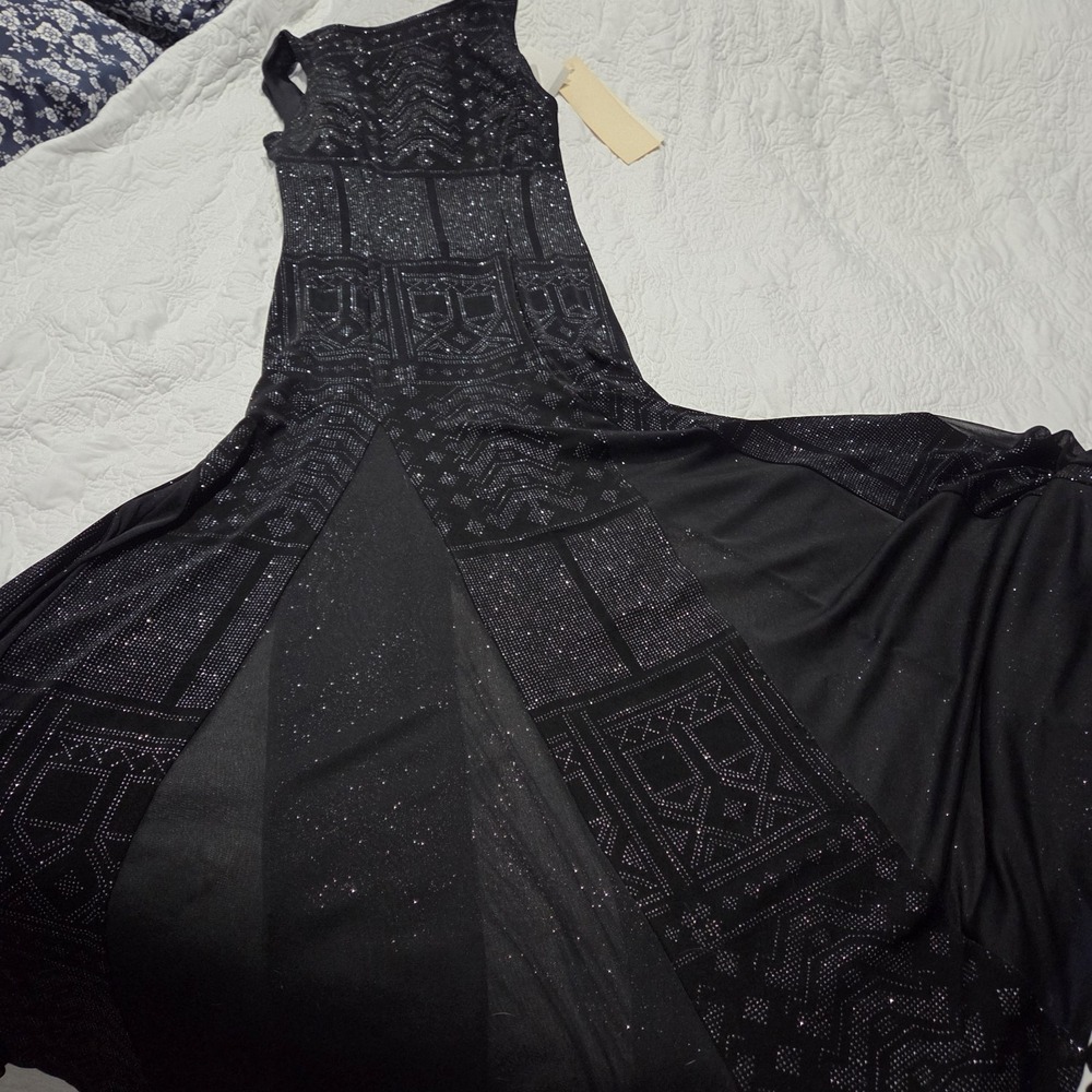 New Vintage Tadashi Black Long Dress Fit &Flare Sheer Cowl Back Made In USA LRG
